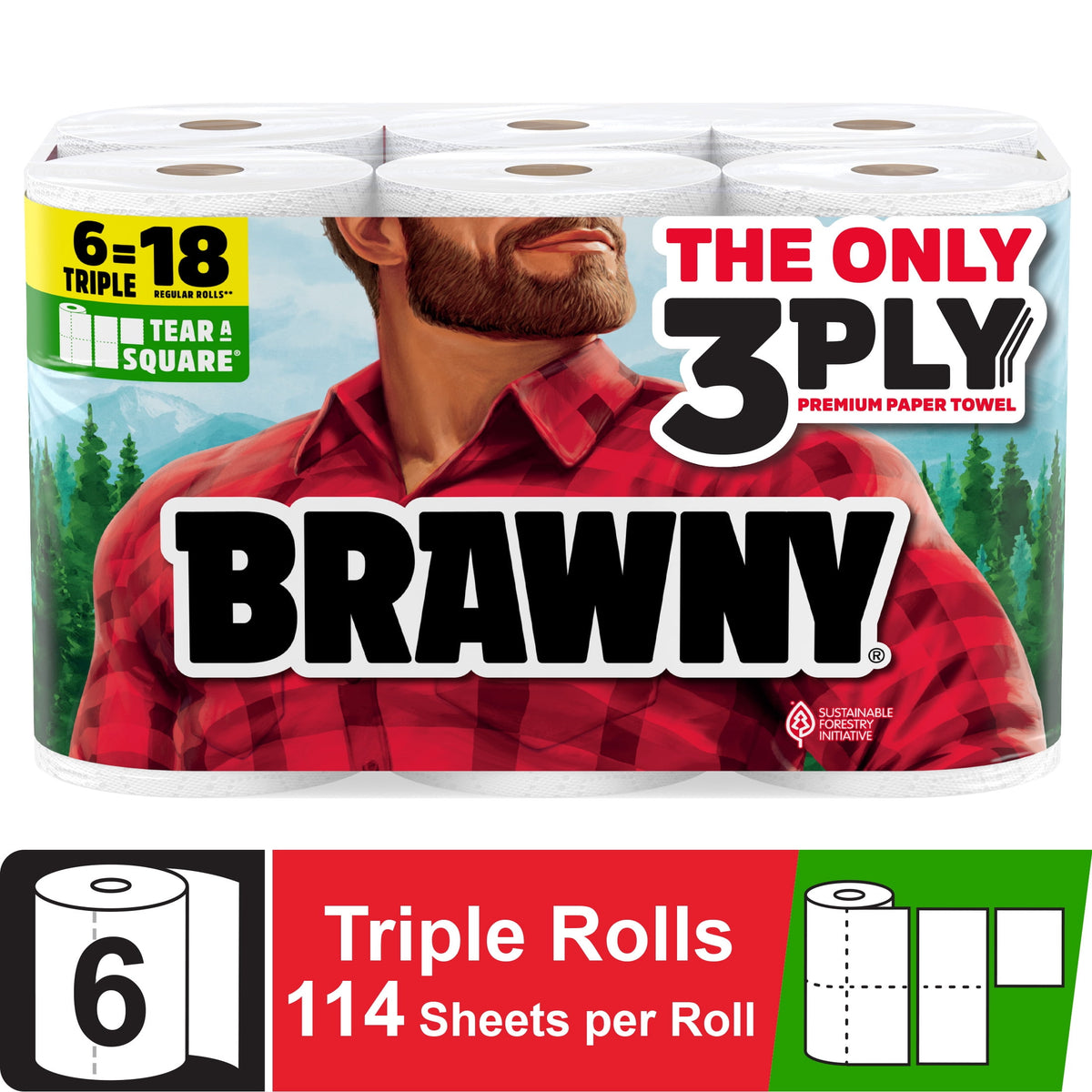 Brawny Tear-A-Square 3-Ply Paper Towels, 6 Triple Rolls, 114 Sheets pe