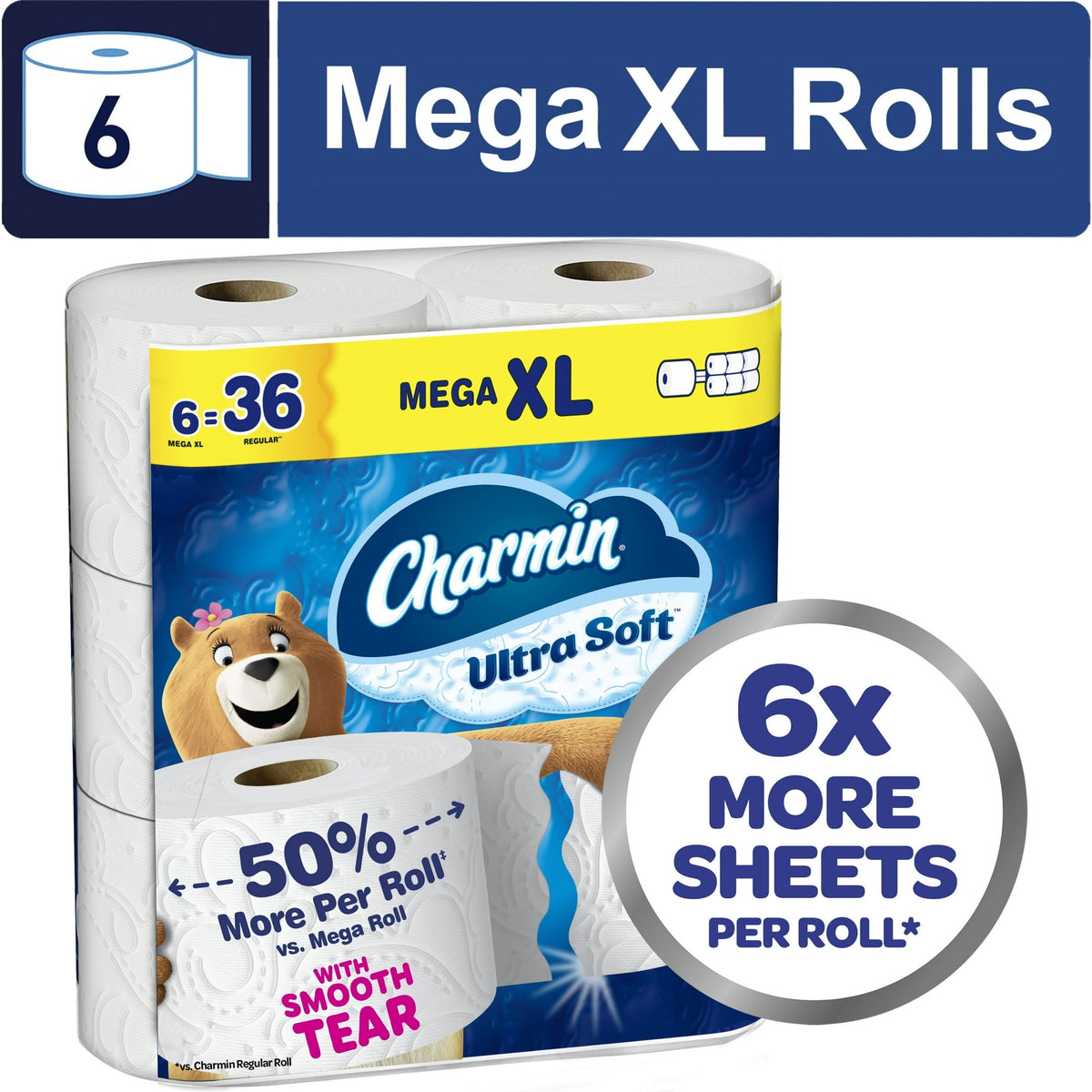 Charmin Toilet Paper Ultra Soft, 6 Mega XL Rolls, 2-Ply Bath Tissue