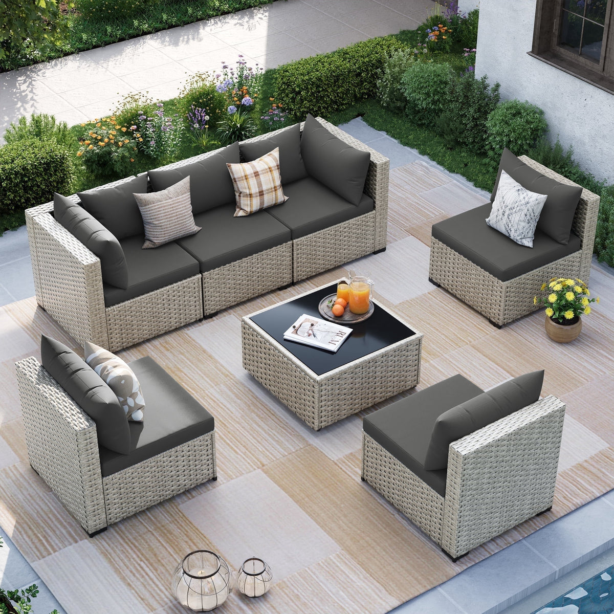 MRUAKA Outdoor Patio Furniture Set, 7-Piece Modular Sectional Sofa Wit