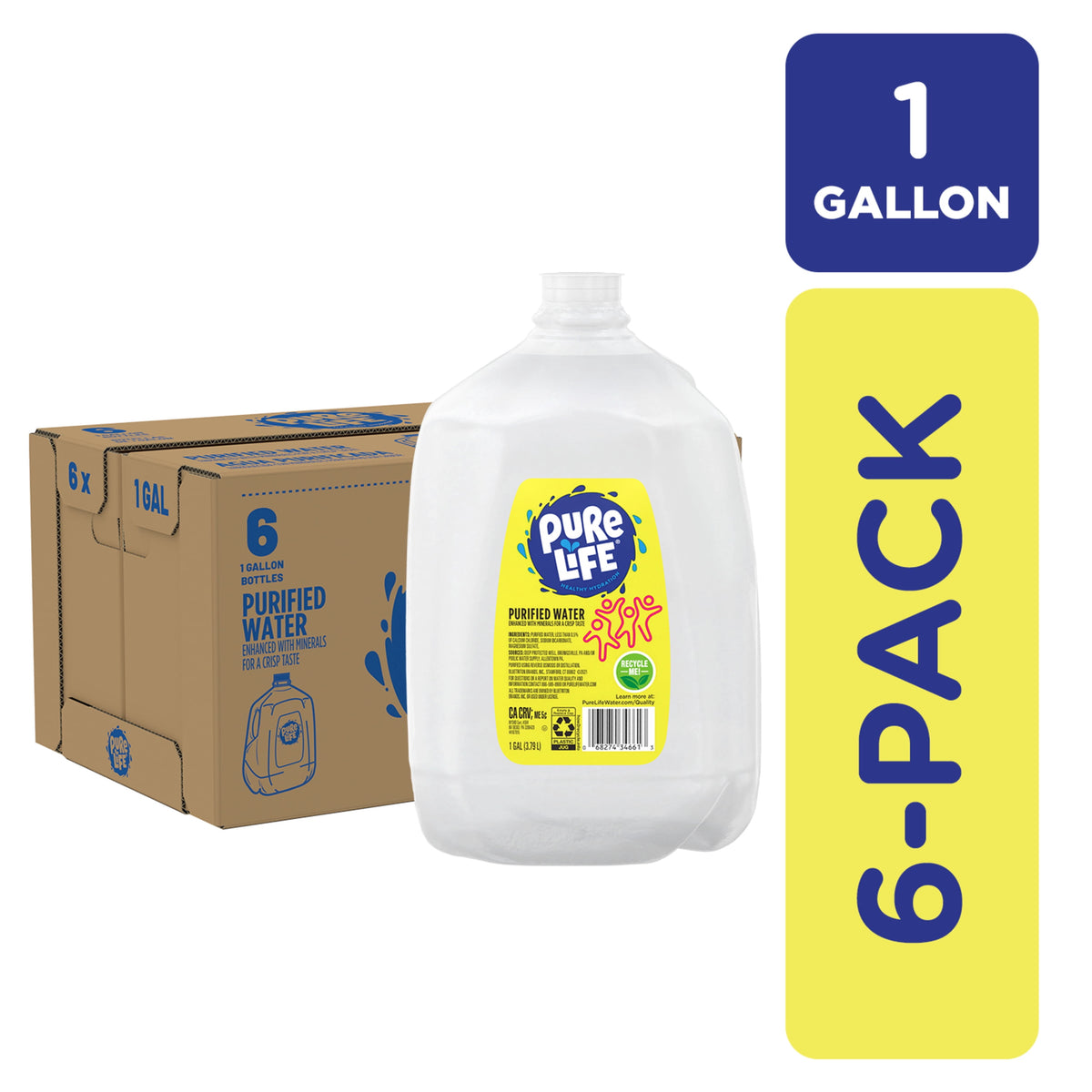 Pure Life Purified Water, 1 Gallon, Plastic Bottled Water Jug (6 Pack)