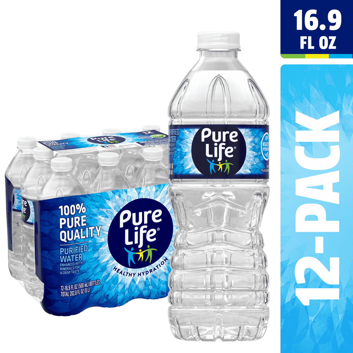 Pure Life Purified Water, 16.9 fl oz, 12 Pack Plastic Bottles (Pack of