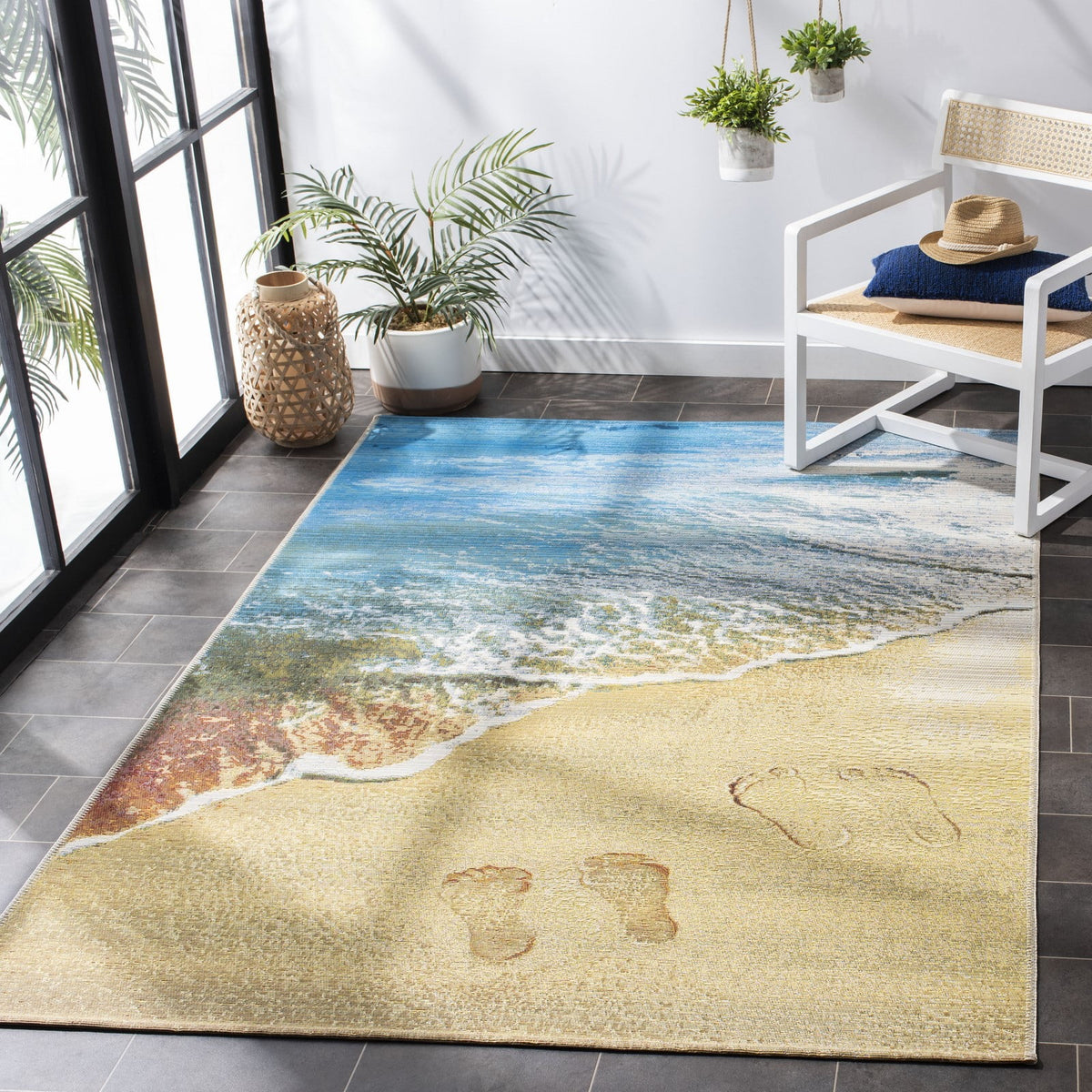 SAFAVIEH Barbados Sand Footprints Outdoor Area Rug, Gold/Blue, 8' x 10