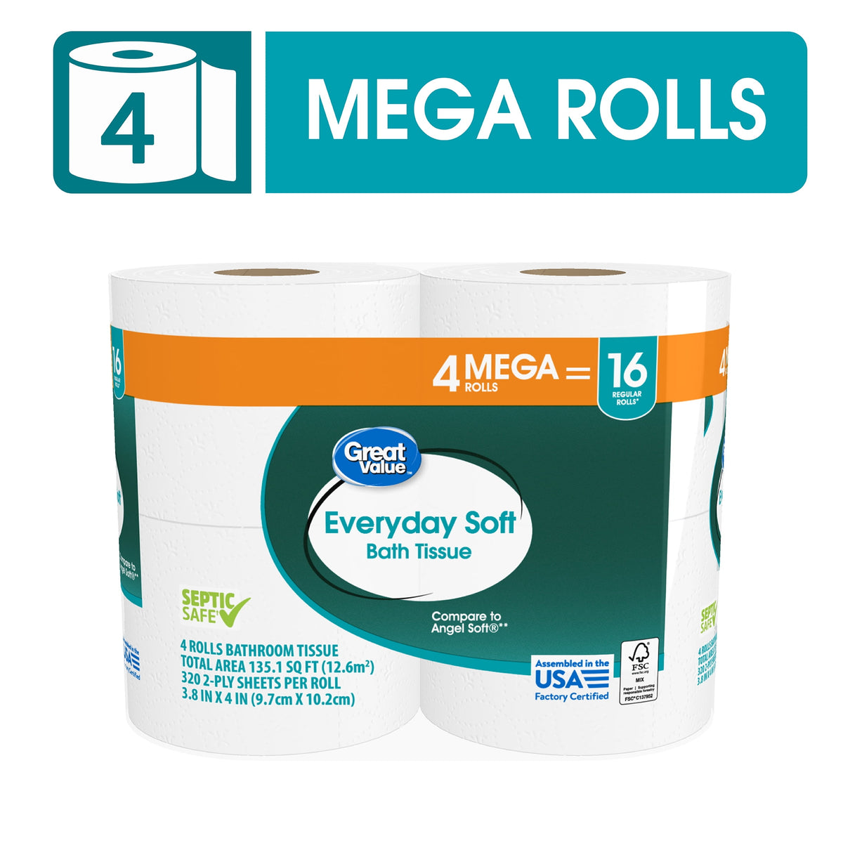 (12 pack) Great Value Everyday Soft Bath Tissue, 4 Count, Mega Rolls,