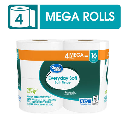 (12 pack) Great Value Everyday Soft Bath Tissue, 4 Count, Mega Rolls,