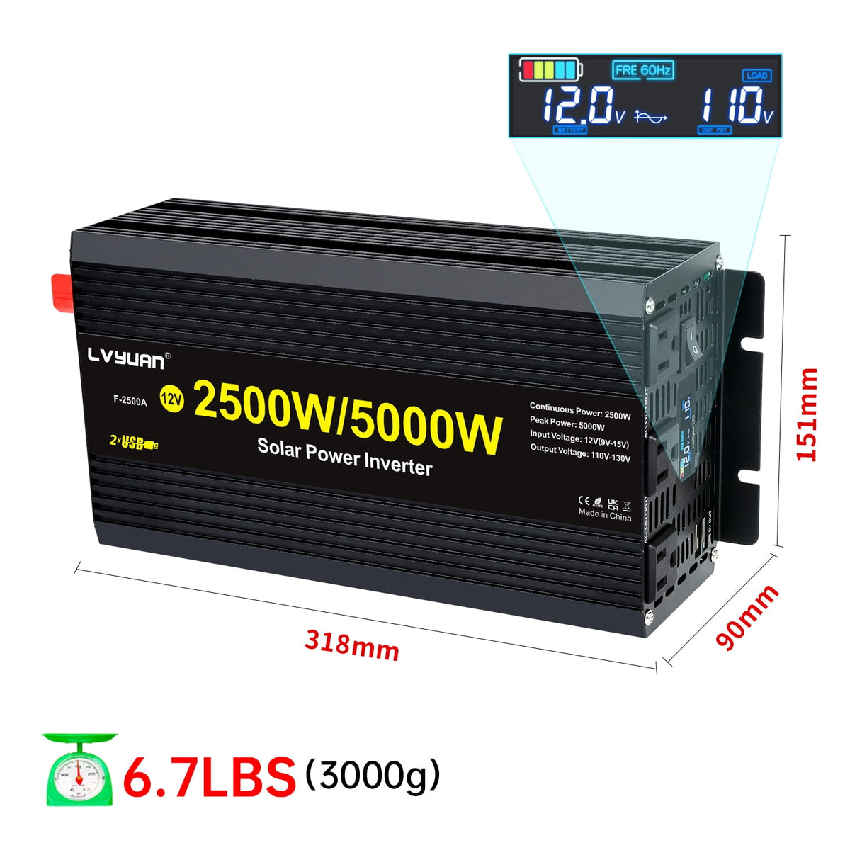 2500W 5000W Peak Modified Sine Wave Power Inverter 12V DC to 110V AC C