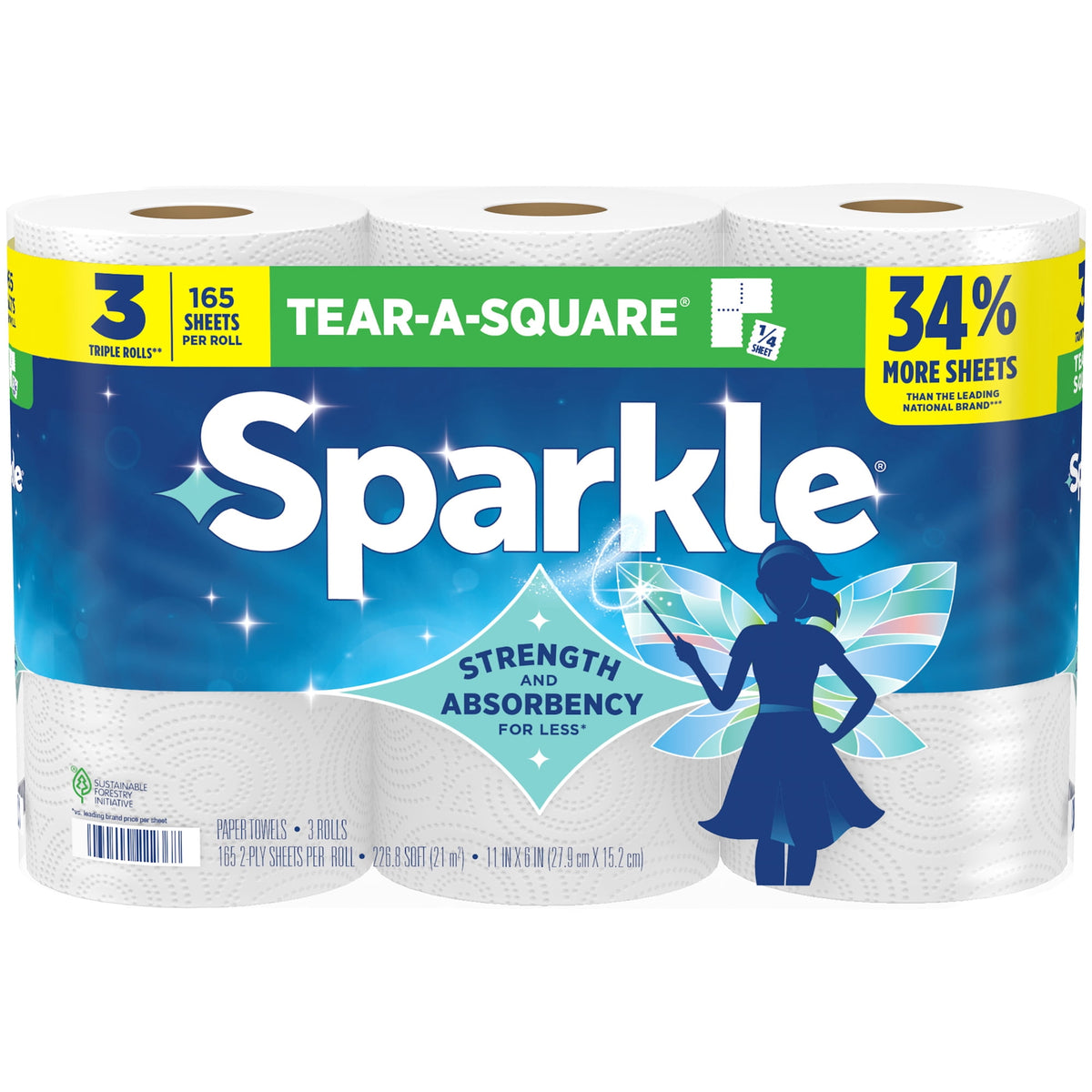 Sparkle Tear-A-Square Paper Towels, 3 Triple Rolls, 165 Sheets per Rol