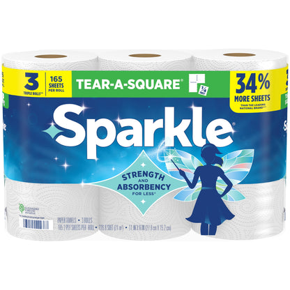 Sparkle Tear-A-Square Paper Towels, 3 Triple Rolls, 165 Sheets per Rol