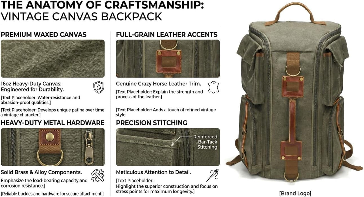 Vintage Canvas Travel Backpack, Casual Daypack for 17“ Laptop Tote S