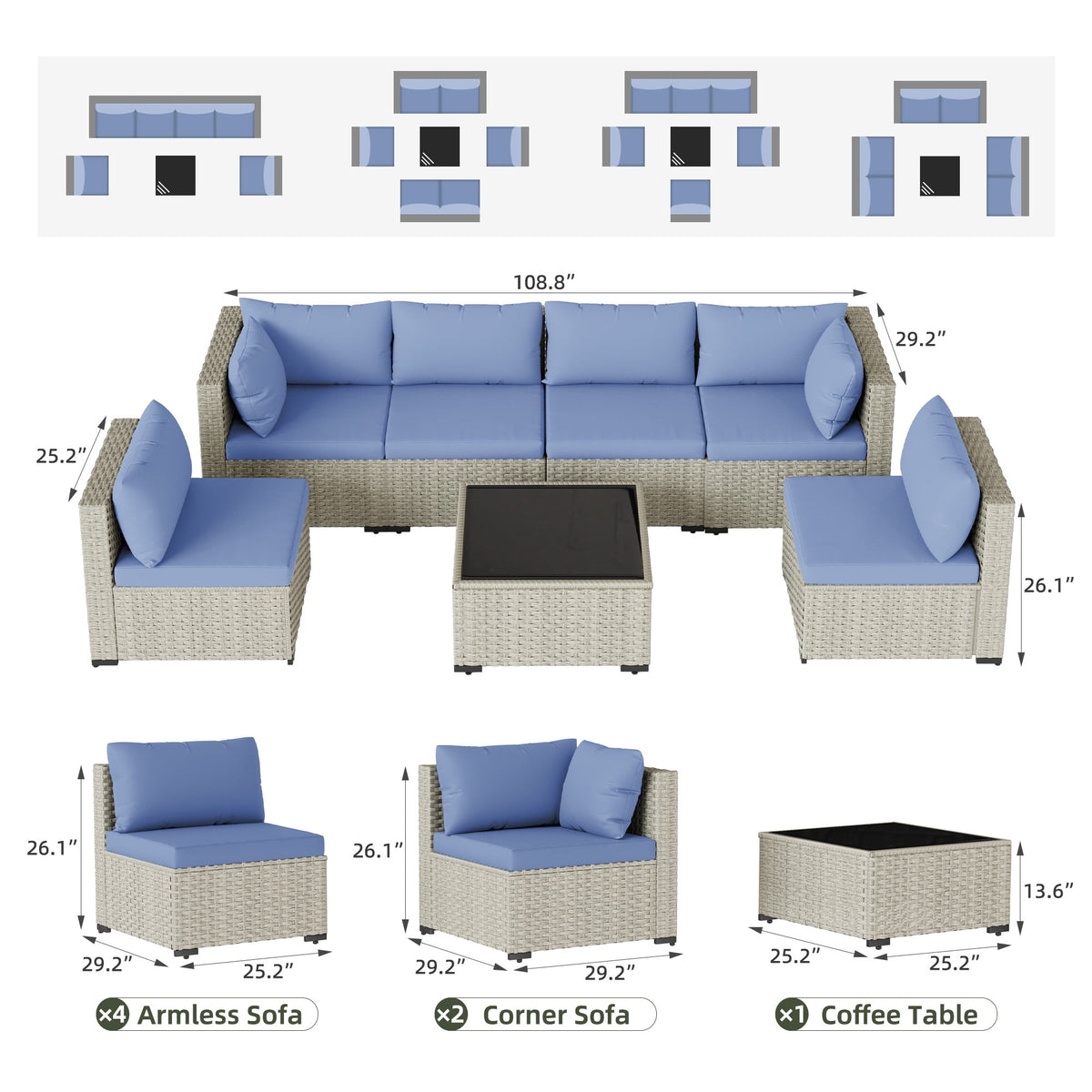 MRUAKA Outdoor Patio Furniture Set, 7-Piece Modular Sectional Sofa Wit