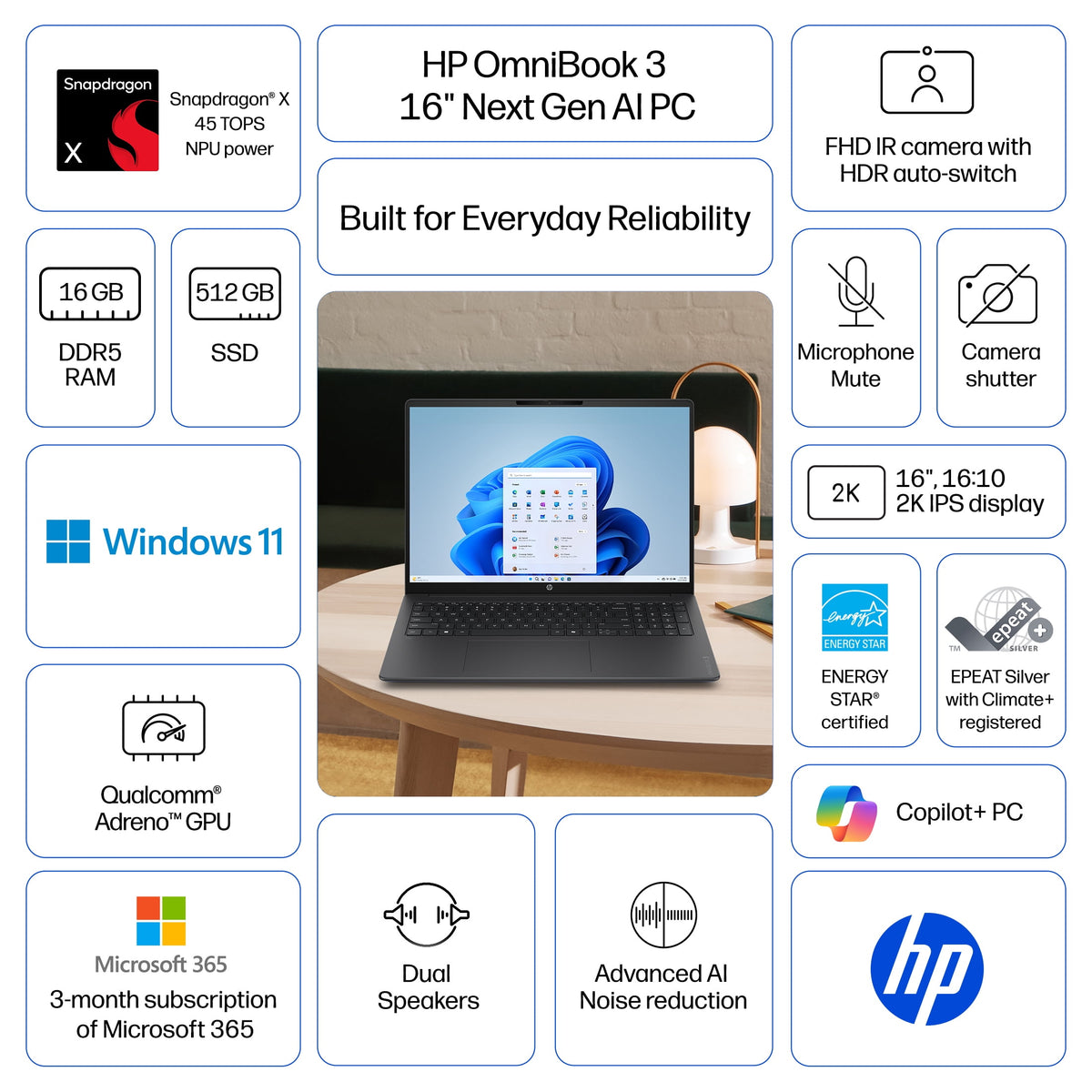 HP OmniBook 3 16 inch Laptop Next Gen AI PC 2K IPS Display Windows Sna