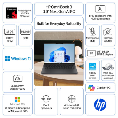 HP OmniBook 3 16 inch Laptop Next Gen AI PC 2K IPS Display Windows Sna