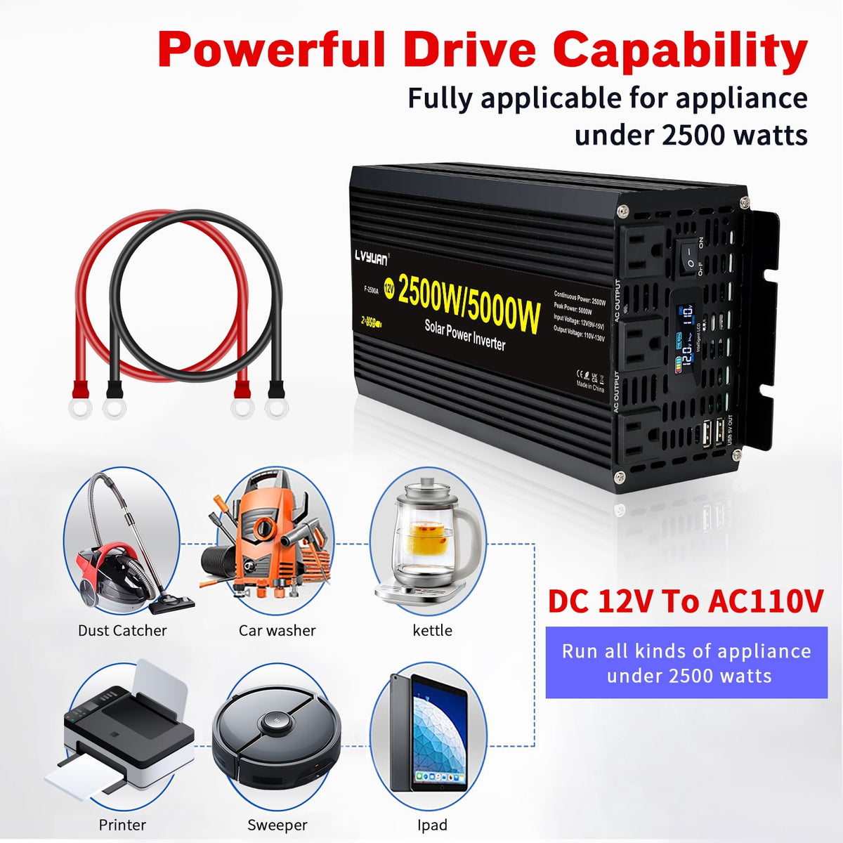 2500W 5000W Peak Modified Sine Wave Power Inverter 12V DC to 110V AC C