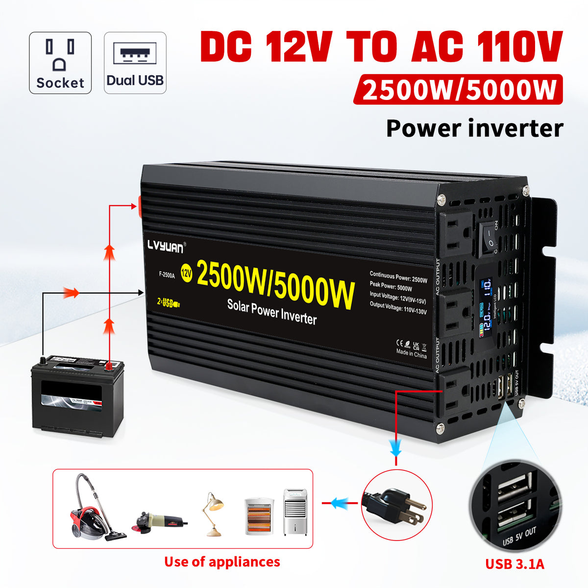 2500W 5000W Peak Modified Sine Wave Power Inverter 12V DC to 110V AC C
