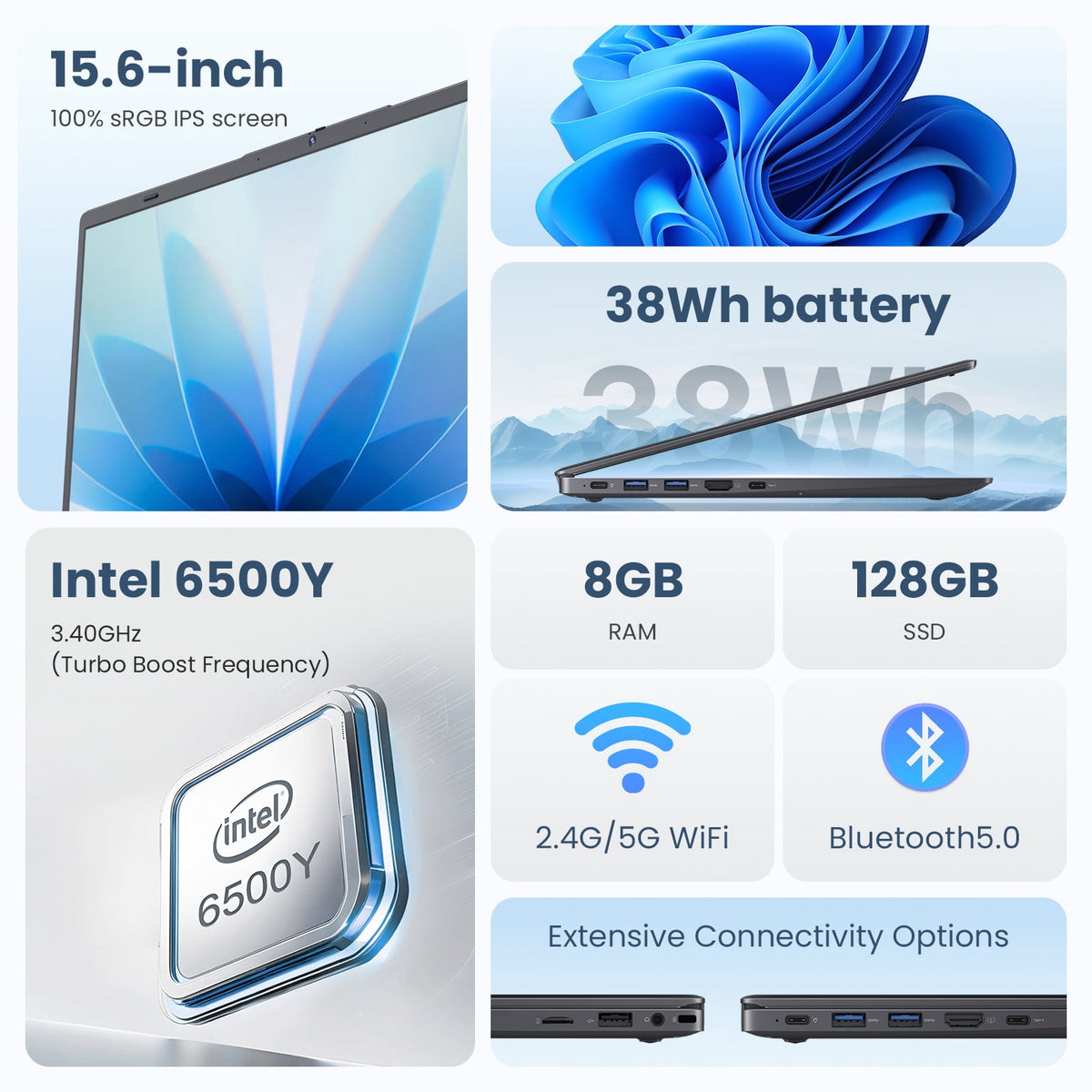 RNRUO 15.6" Laptop Computer, 8GB RAM 128GB SSD, Intel 6500Y with 2 Cor