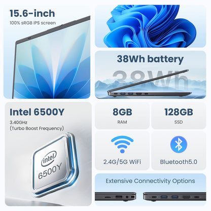 RNRUO 15.6" Laptop Computer, 8GB RAM 128GB SSD, Intel 6500Y with 2 Cor