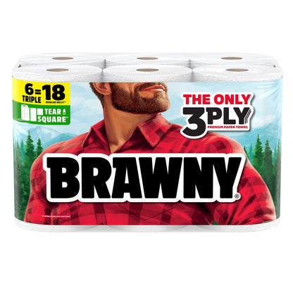 Brawny Tear-A-Square 3-Ply Paper Towels, 6 Triple Rolls, 114 Sheets pe
