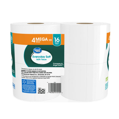(12 pack) Great Value Everyday Soft Bath Tissue, 4 Count, Mega Rolls,