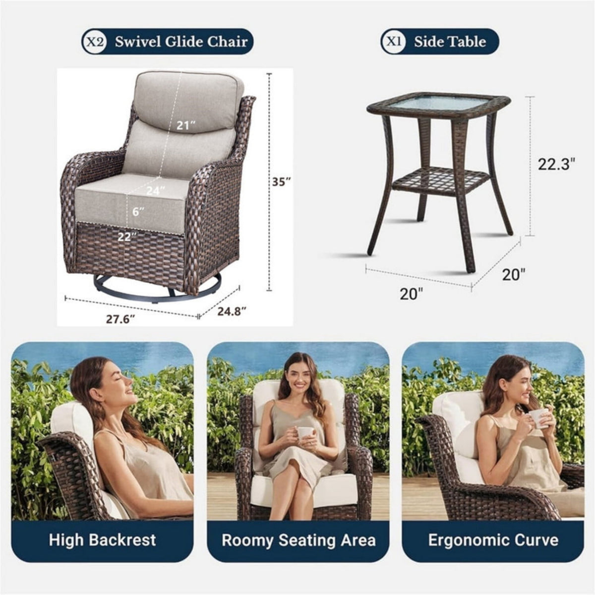 Bellefurn Outdoor Swivel Rocker Patio Chairs with Side Table,Patio Swi