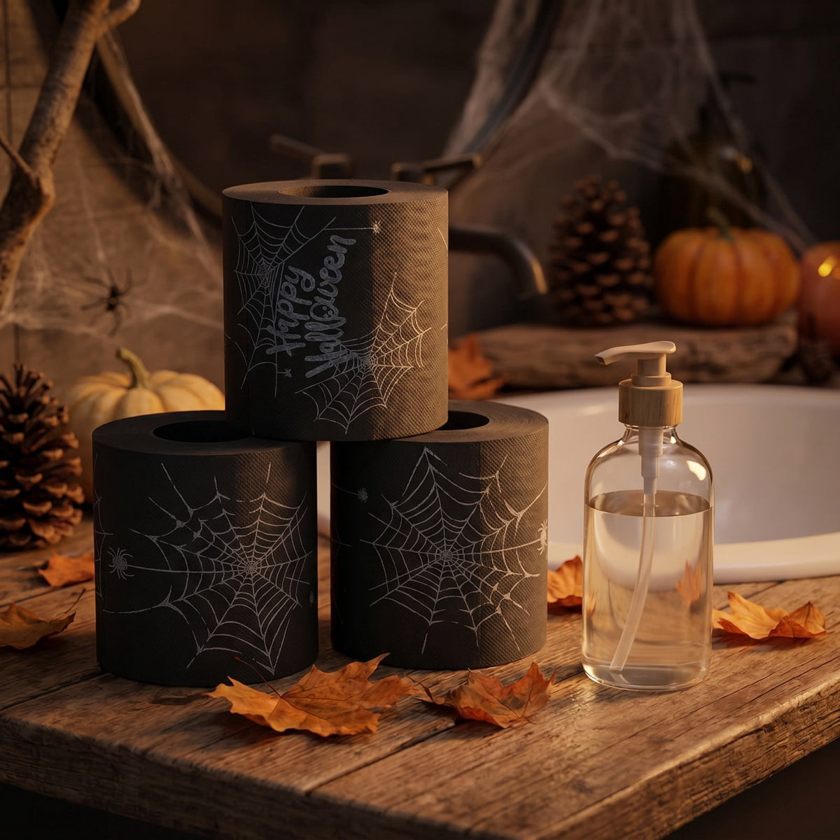Toilet Paper Rolls Web Printed Black Tissue 4 Pack Halloween Bathroom