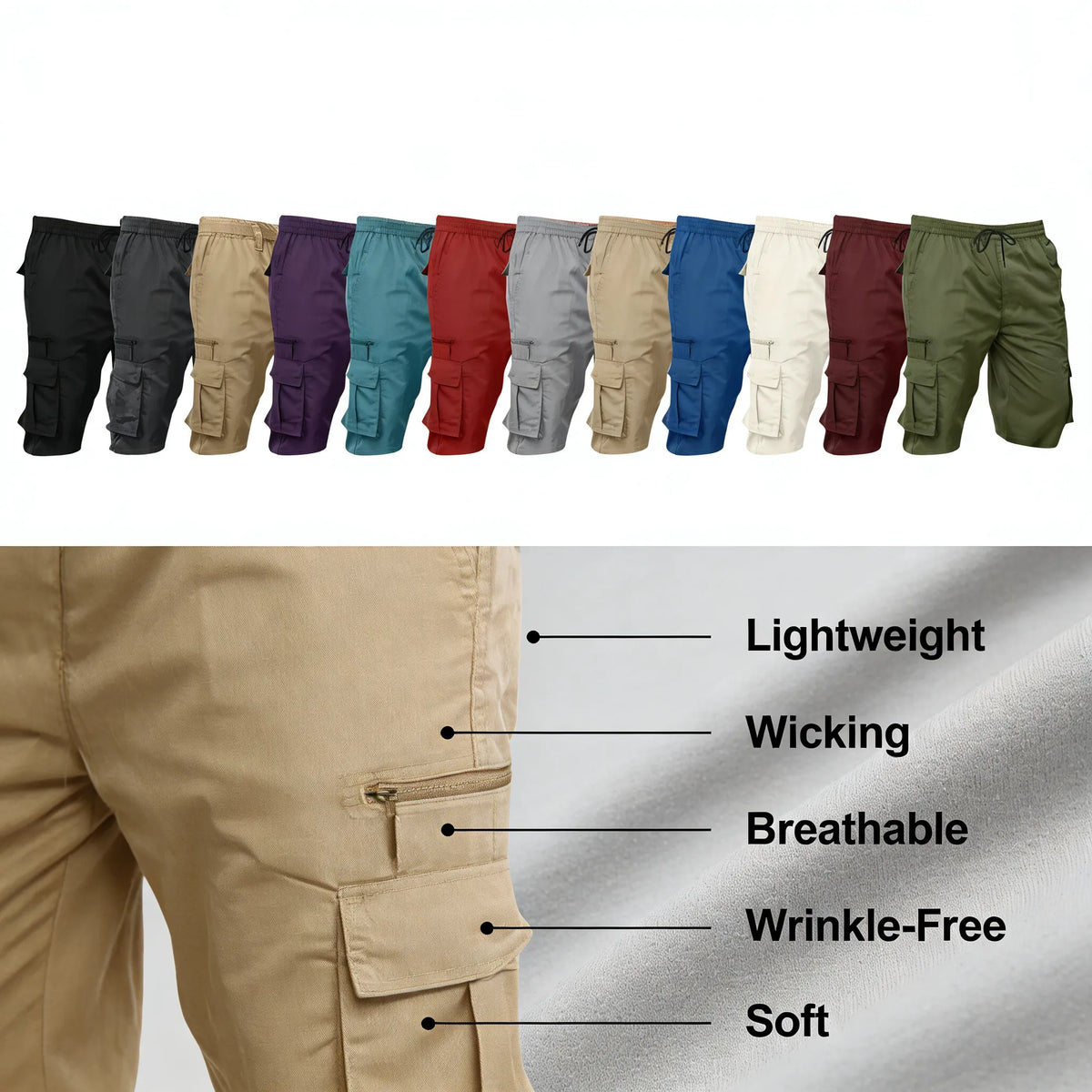 Chiccall Mens Cargo Shorts Lightweight Summer Casual Elastic Waist Dra