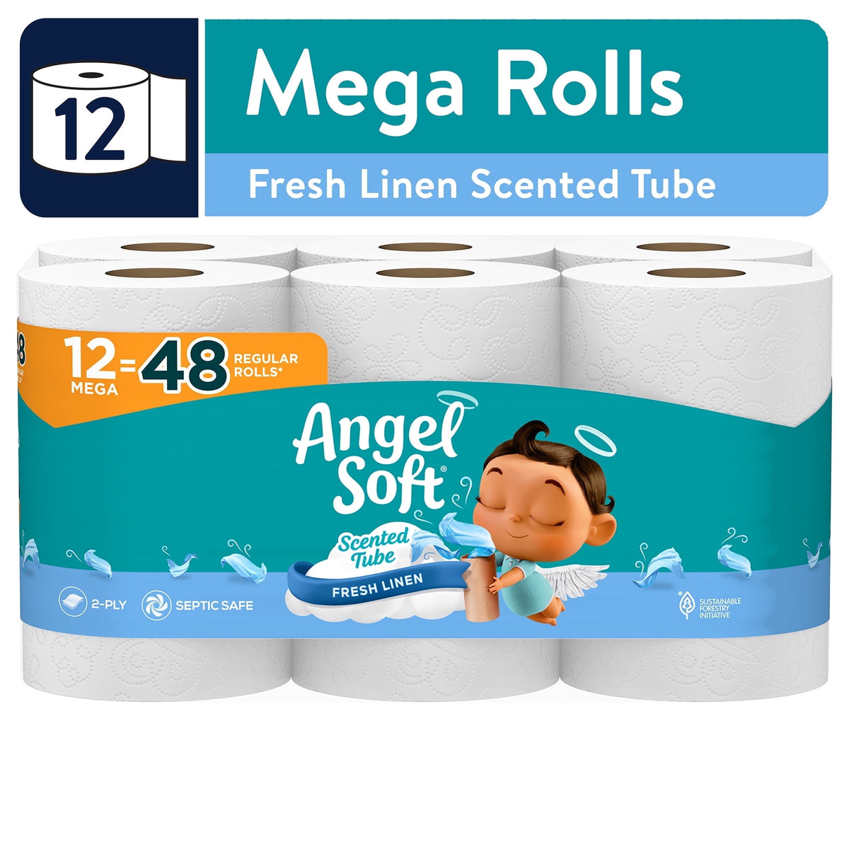 Angel Soft 2-Ply Toilet Paper, Fresh Linen Scented Tube, 12 Mega Rolls