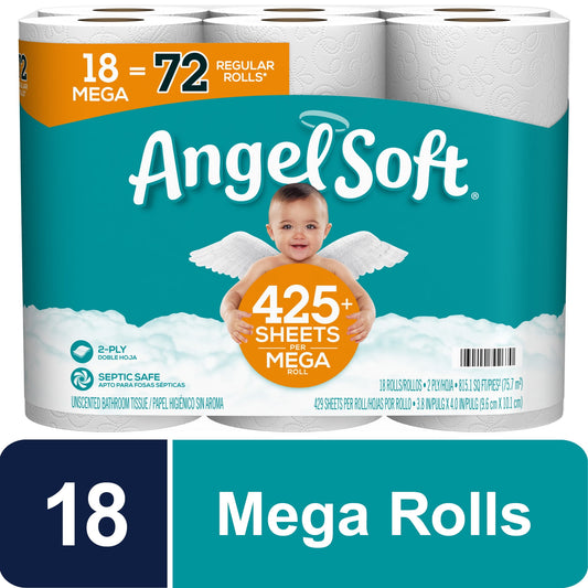 Angel Soft Toilet Paper, 18 Mega Rolls = 72 Regular Rolls, 2-Ply Bath