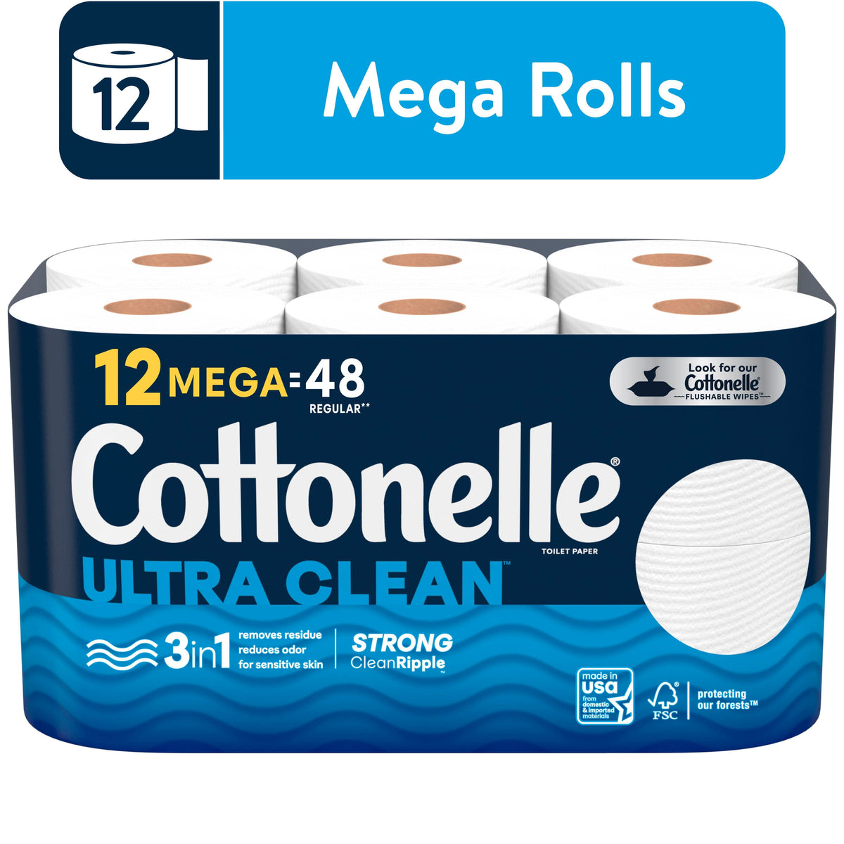 Cottonelle Ultra Clean Toilet Paper, 12 Mega Rolls, 312 Sheets Per Rol