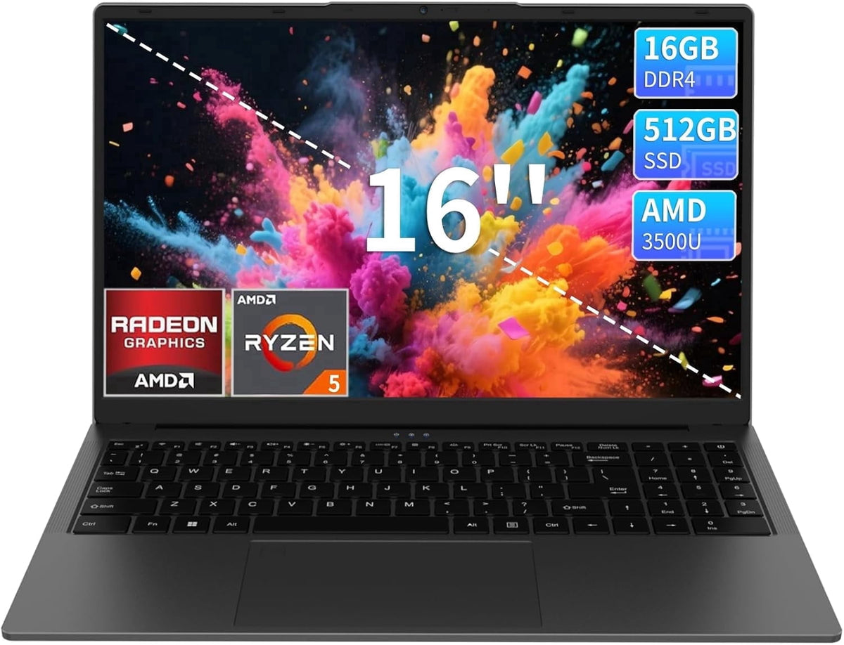 KurieTim 16" Laptop Computer, 16GB RAM 512GB SSD AMD Ryzen 5 3500U wit