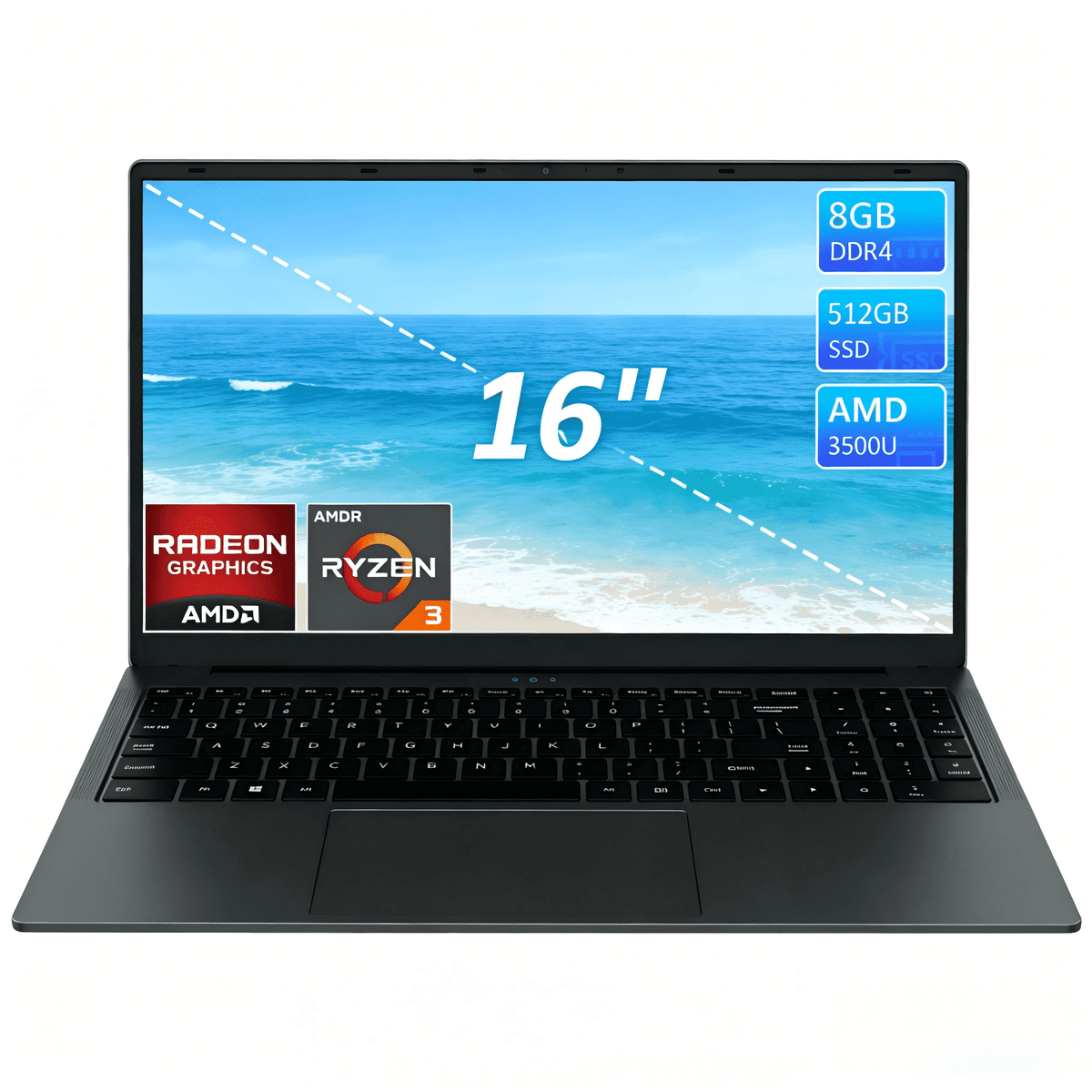 KurieTim 16" Laptop Computer, 16GB RAM 512GB SSD AMD Ryzen 5 3500U wit