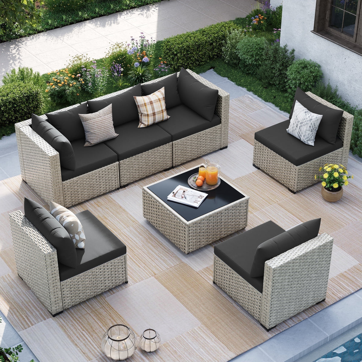 MRUAKA Outdoor Patio Furniture Set, 7-Piece Modular Sectional Sofa Wit