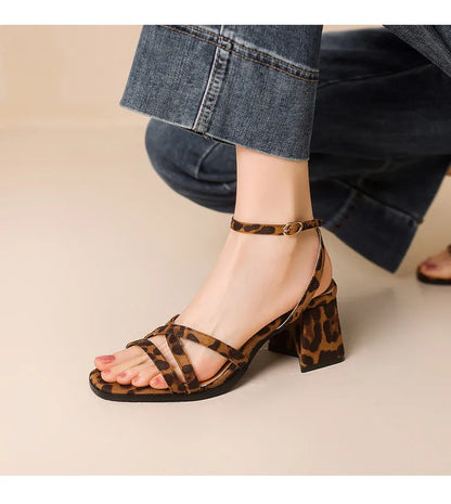 2025 Hot Sale Women's Shoes Open Toe Women's Sandals Fashion Leopard Print Office and Career New Plus Size Heeled Sandalszapatos