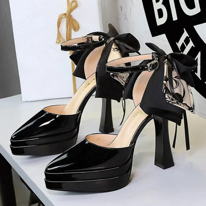 BIGTREE Pumps 2026 Summer New Hot Sale European Style Patent Leather Pointed Toe Buckle Platform High Heel Bow Shoes Women Shoes