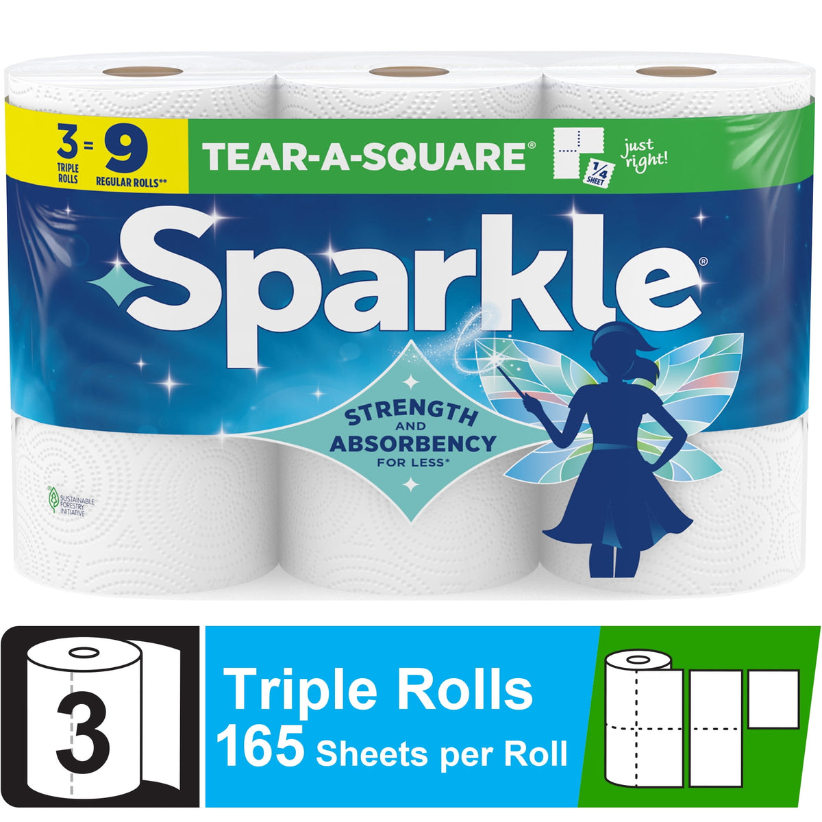 Sparkle Tear-A-Square Paper Towels, 3 Triple Rolls, 165 Sheets per Rol