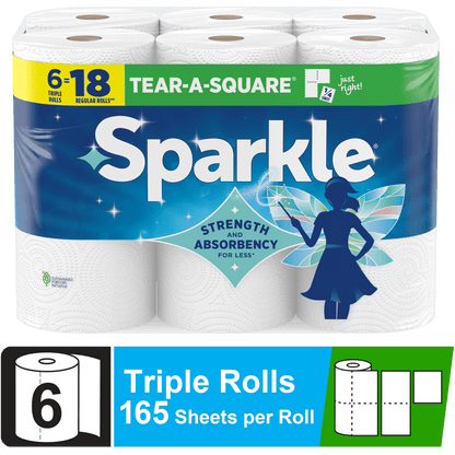 Sparkle Tear-A-Square Paper Towels, 3 Triple Rolls, 165 Sheets per Rol
