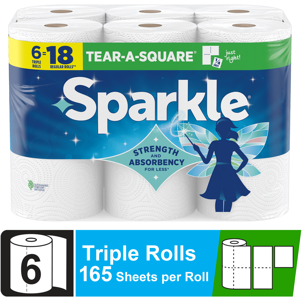 Sparkle Tear-A-Square Paper Towels, 3 Triple Rolls, 165 Sheets per Rol