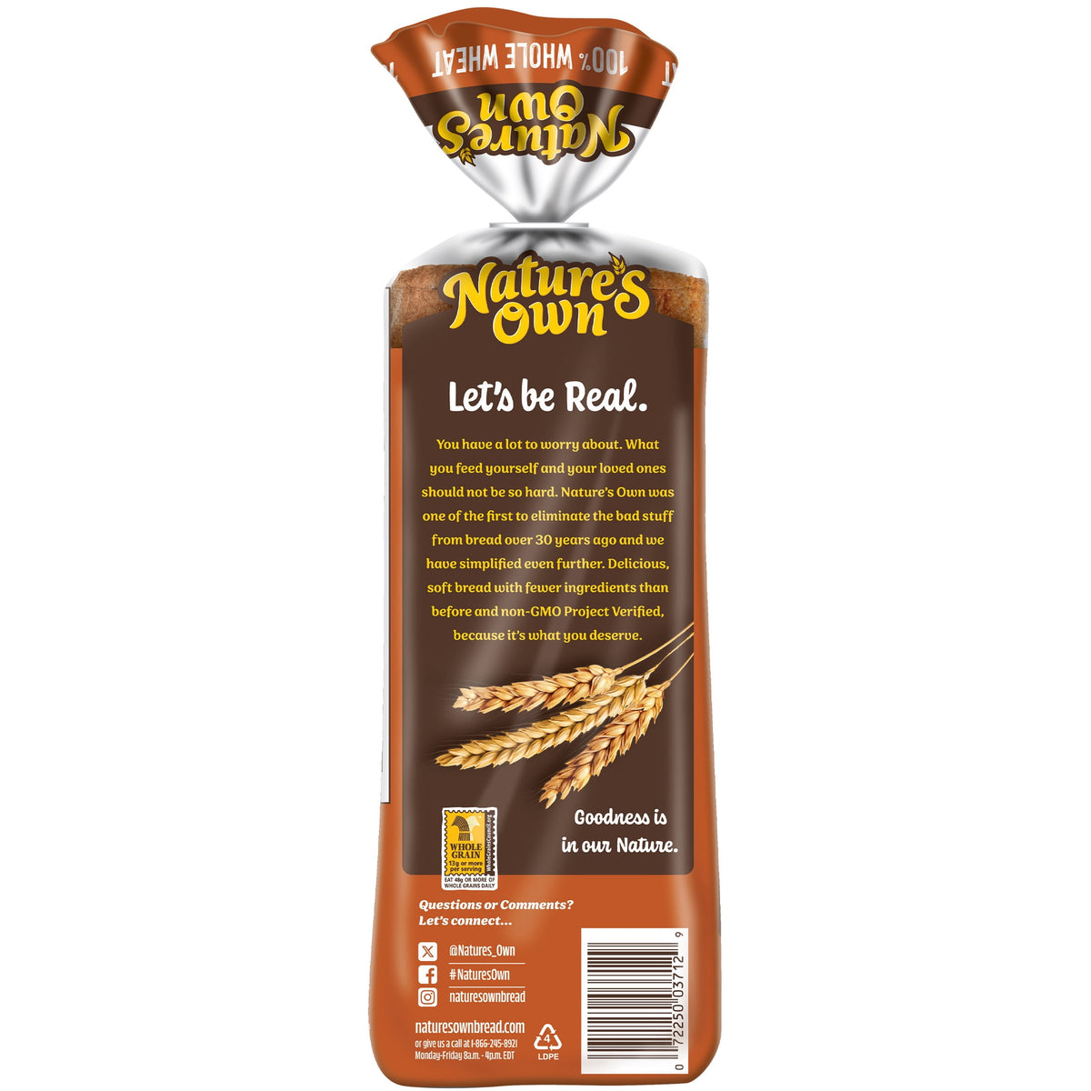 Nature's Own 100% Whole Wheat Bread, Sliced Non-GMO Whole Wheat Sandwi