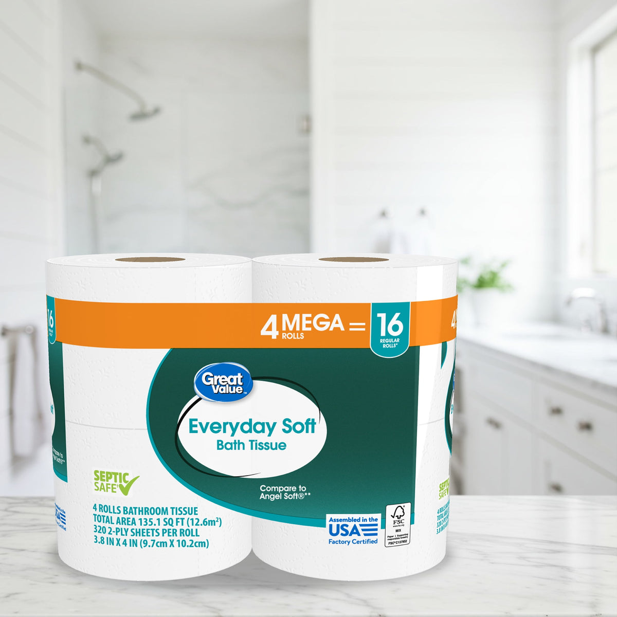 (12 pack) Great Value Everyday Soft Bath Tissue, 4 Count, Mega Rolls,