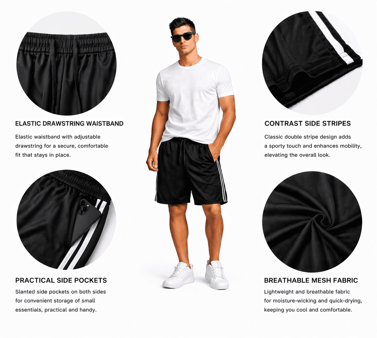 ASUDESIRE 5 Pack Athletic Shorts for Men with Pockets and Elastic Wais