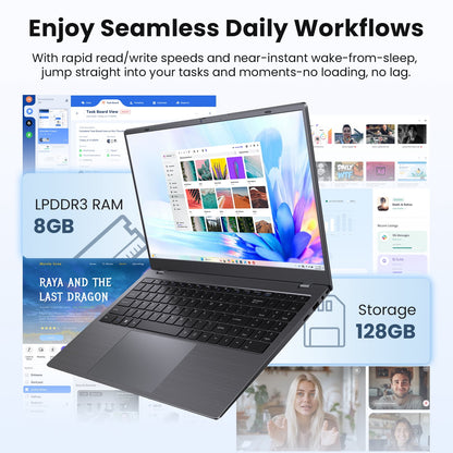 RNRUO 15.6" Laptop Computer, 8GB RAM 128GB SSD, Intel 6500Y with 2 Cor